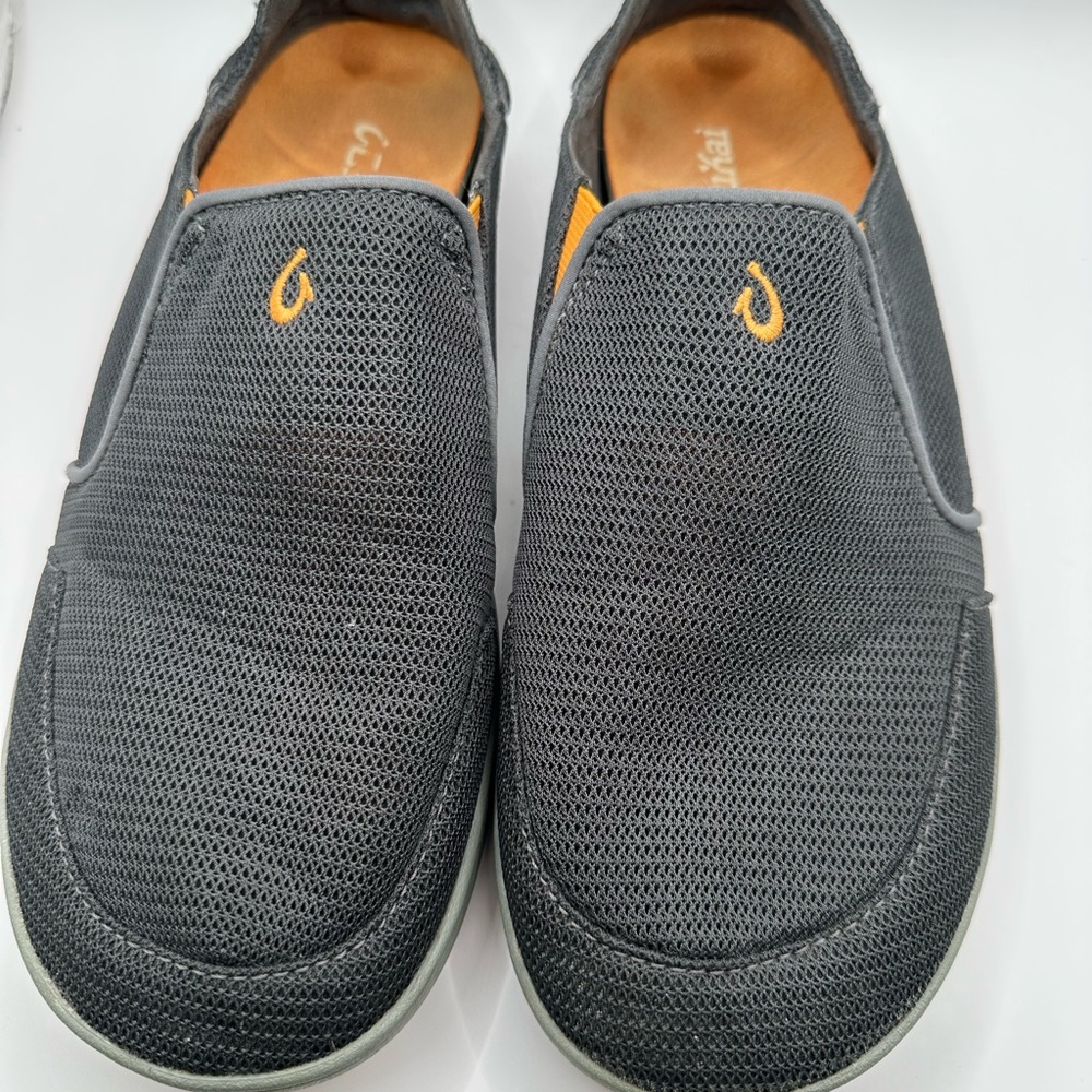 OluKai Men's Charcoal and Orange Slip-On Loafers; size 10.5